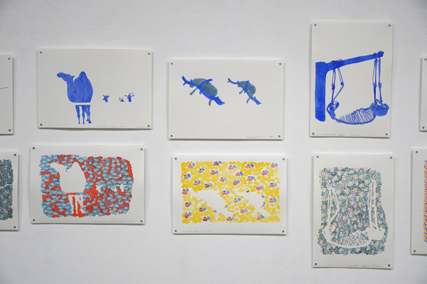 art contemporain, contemporary art, watercolor, aquarelle, animal, motifs, pattern, anatomie, anatomy, squelette, skeleton, bones, os, exposition au Japon, Osaka, Japan